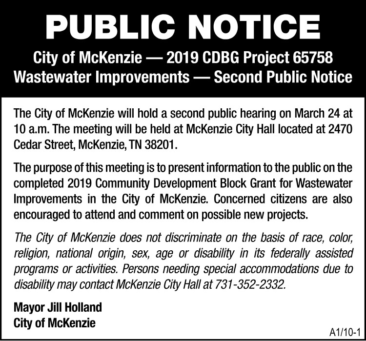 Public Notice City of McKenzie 2019 CDBG Project 65758
