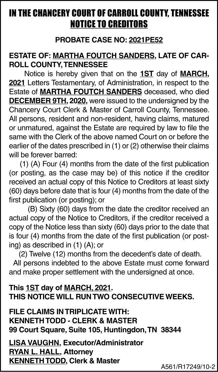 Notice to Creditors - Martha Foutch Sanders