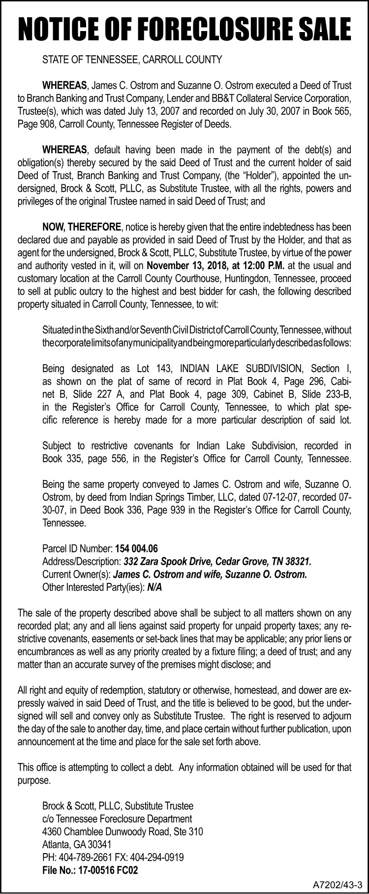 Notice of Foreclosure Sale - OSTROM