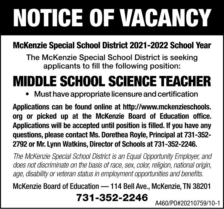 MSSD Notice of Vacancy Middle School Science Teacher