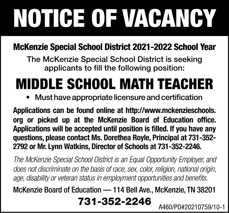 MSSD Notice of Vacancy Middle School Math Teacher