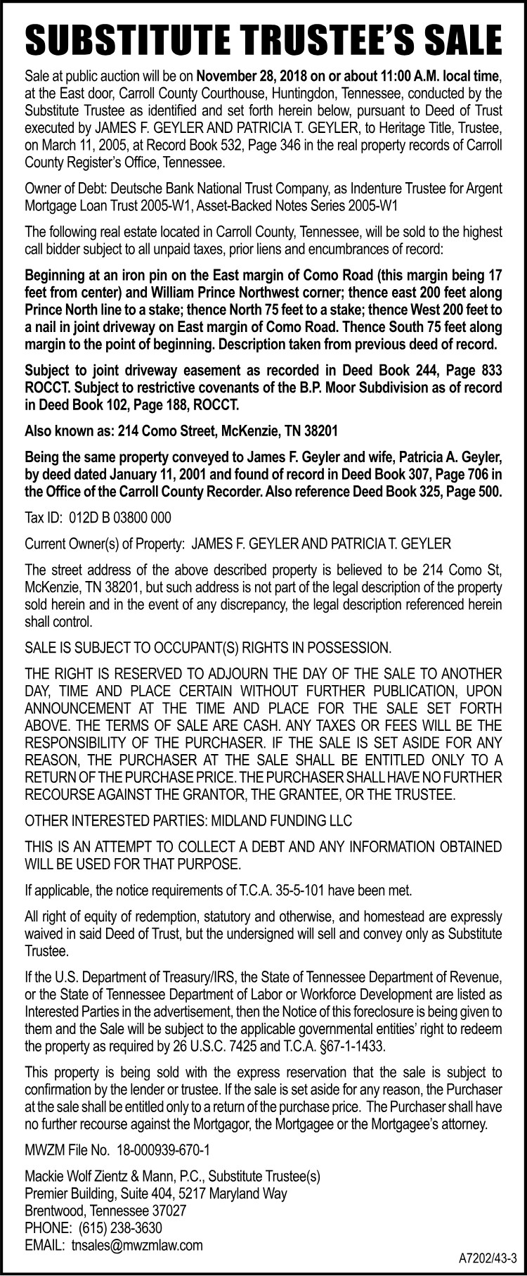 Notice of Substitute Trustee's Sale - GEYLER