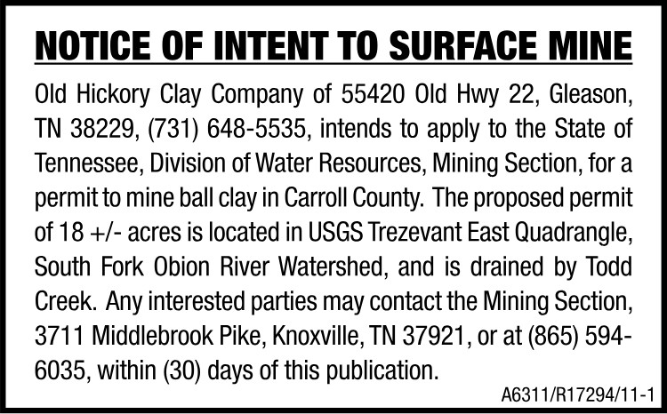 Notice of Intent to Surface Mine Old Hickory Clay Company