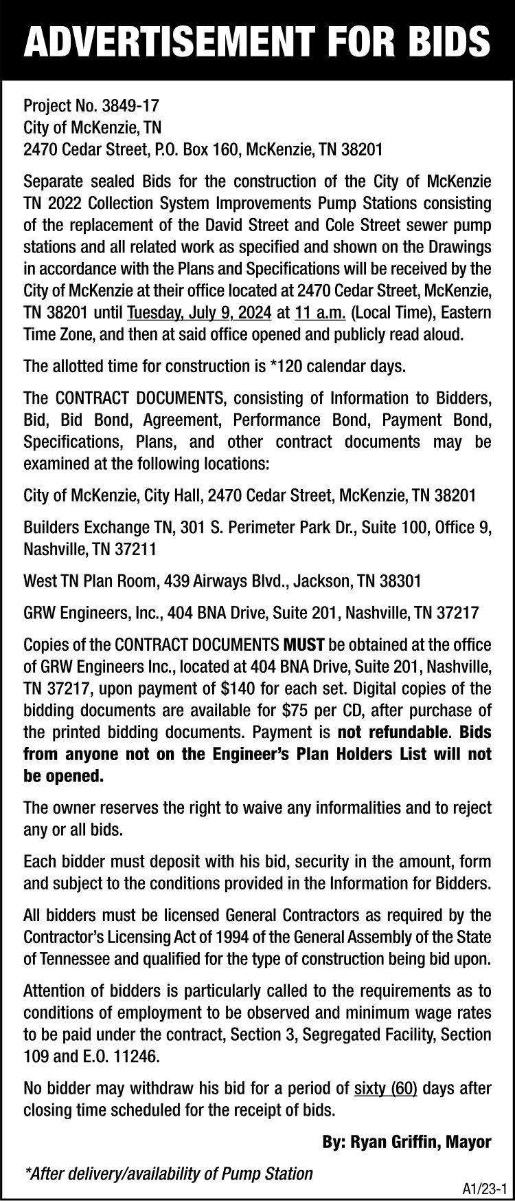 Advertisement for Bids - Collection System Improvements