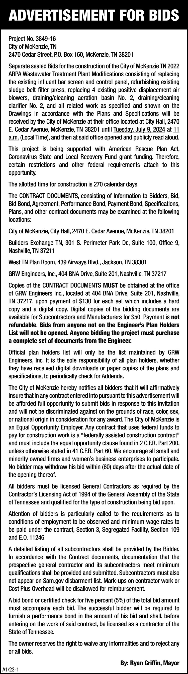 Advertisement for Bids - Wastewater Treatment Plant