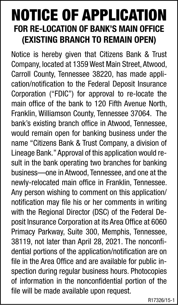 Notice of Application - Citizens Bank & Trust