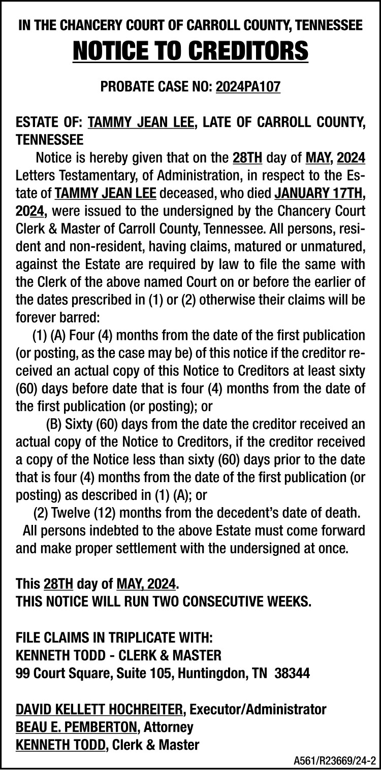 Notice to Creditors - LEE