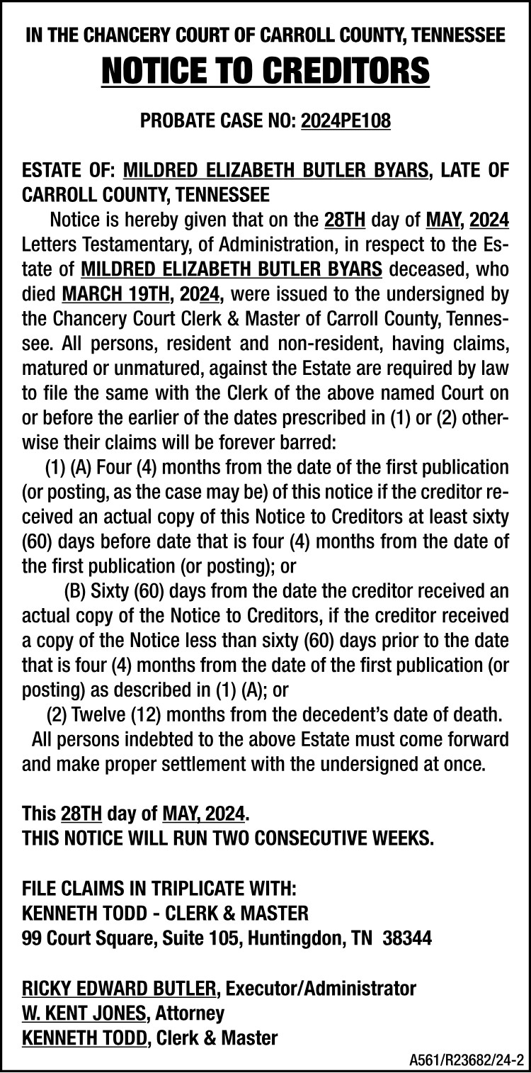 Notice to Creditors - BYARS