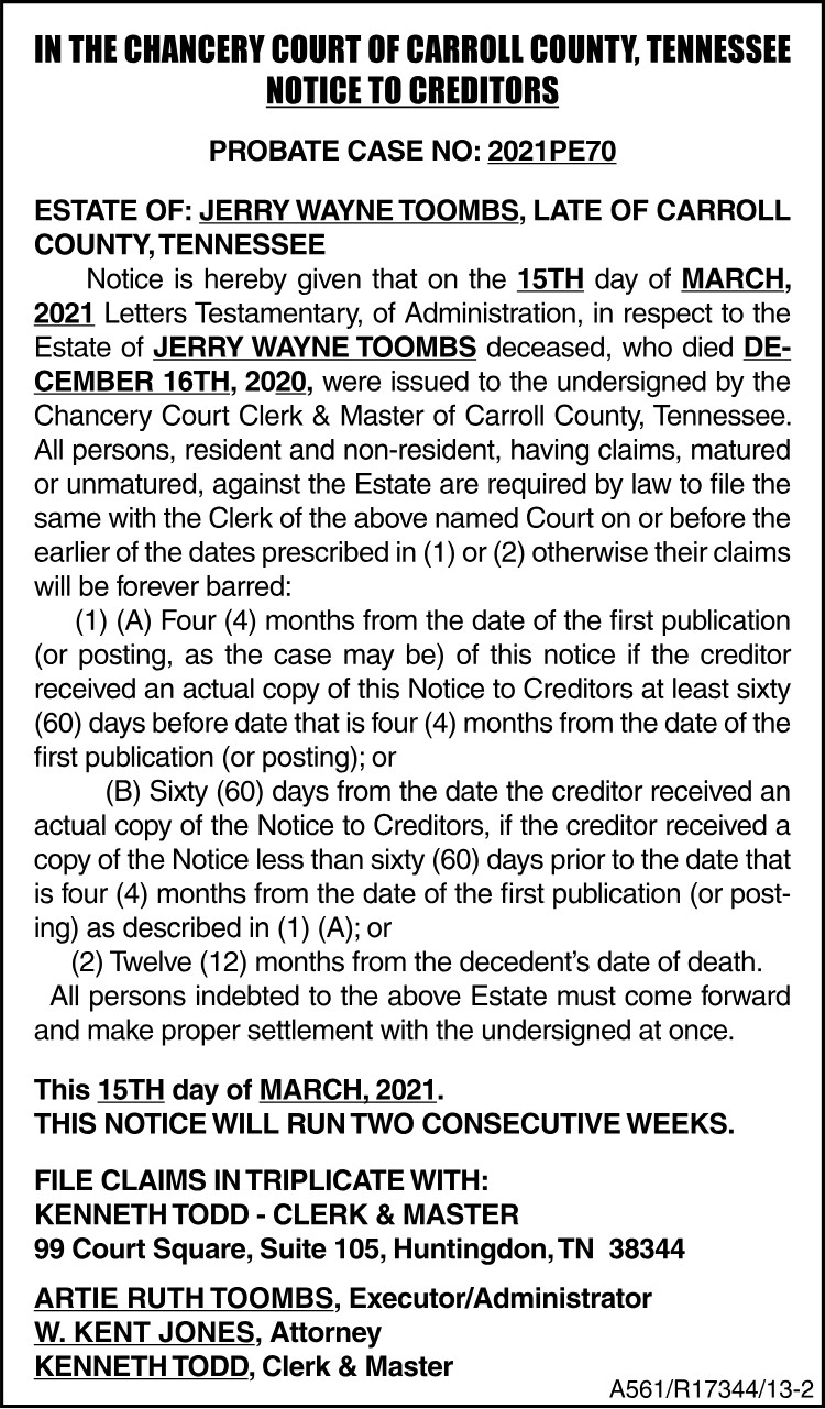 Notice to Creditors - Jerry Toombs