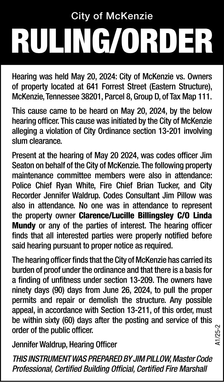 Slum Clearance Ruling - 641 Forrest Street (Eastern Structure)