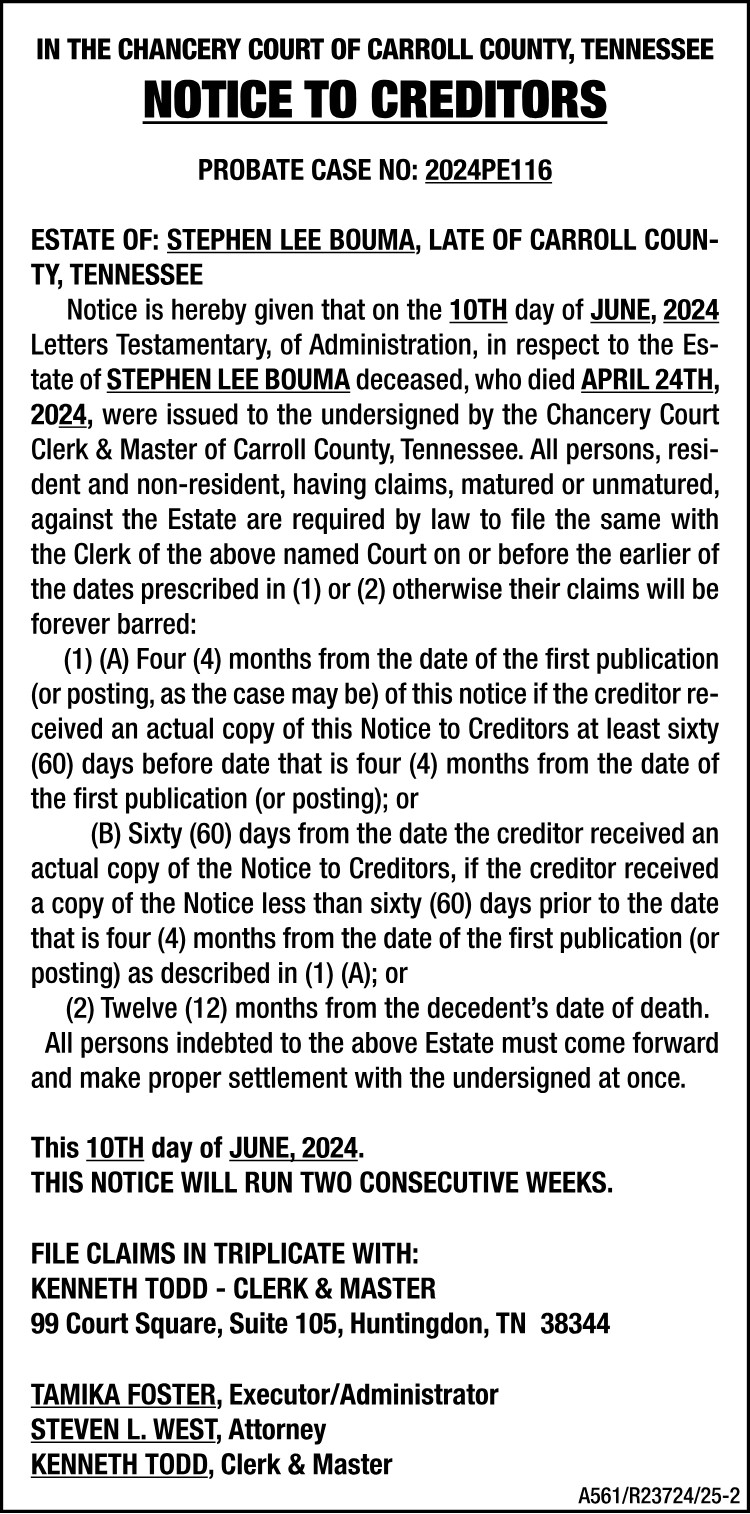 Notice to Creditors - BOUMA