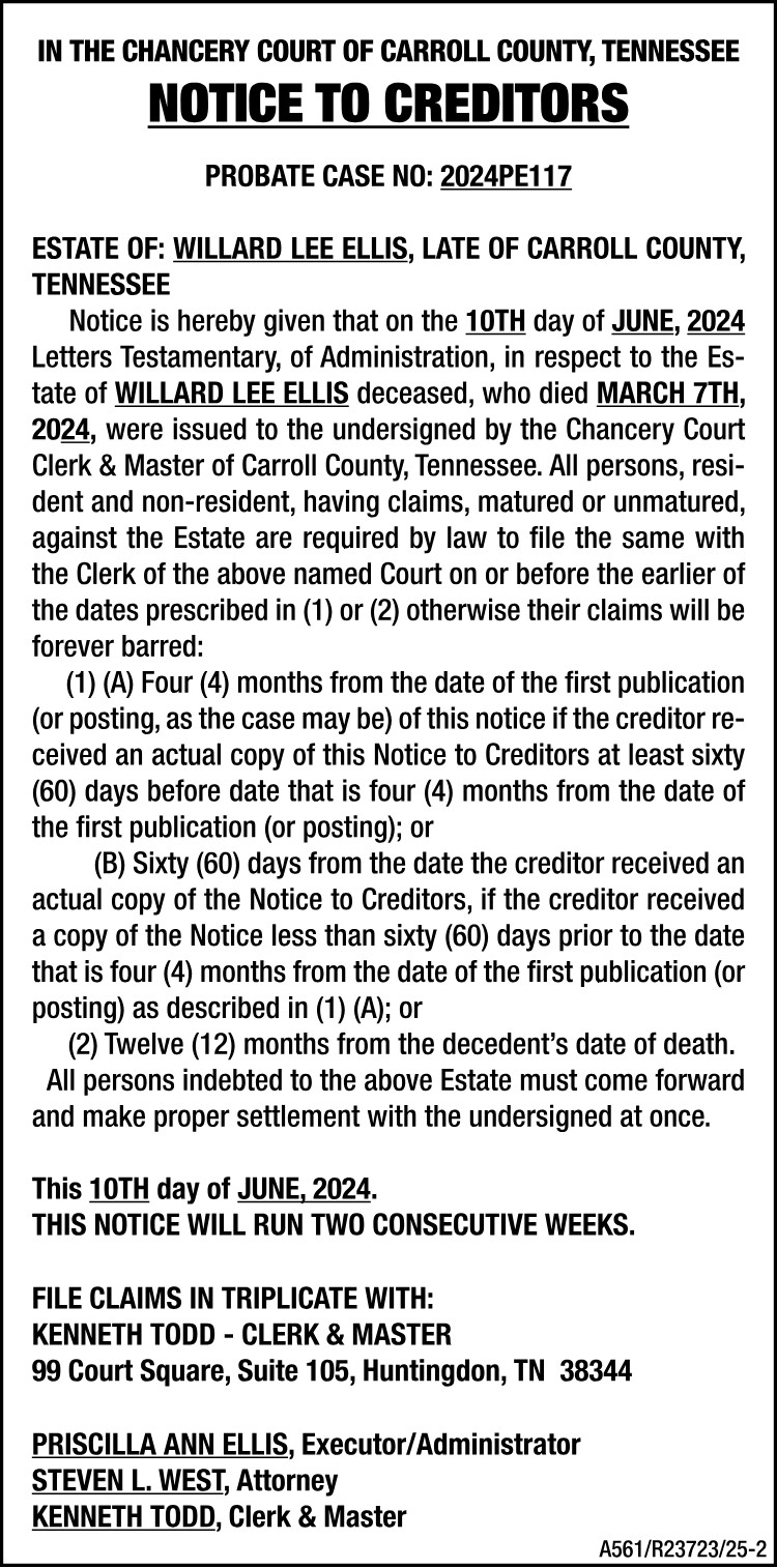 Notice to Creditors - ELLIS