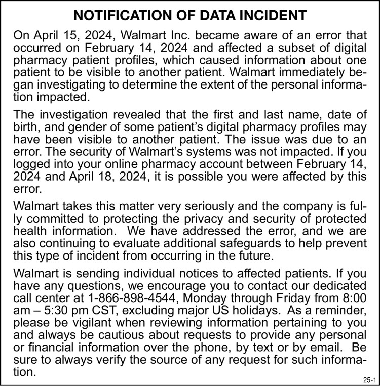 Notification of Data Incident - Walmart Pharmacy