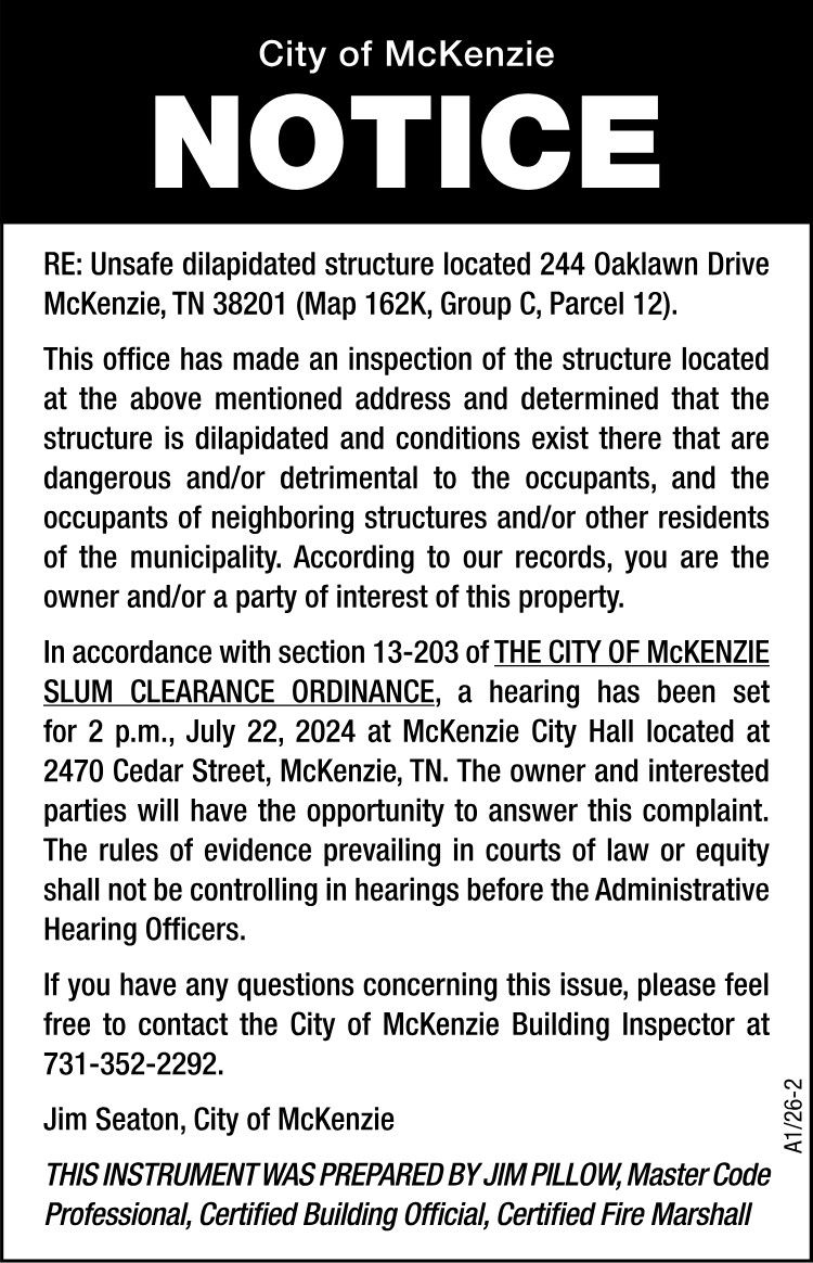 Notice Unsafe Structure - 244 Oaklawn Drive
