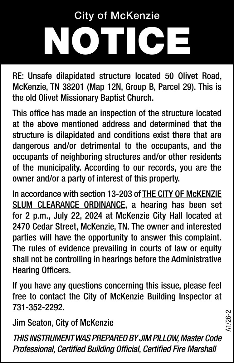 Notice Unsafe Structure - 50 Olivet Road