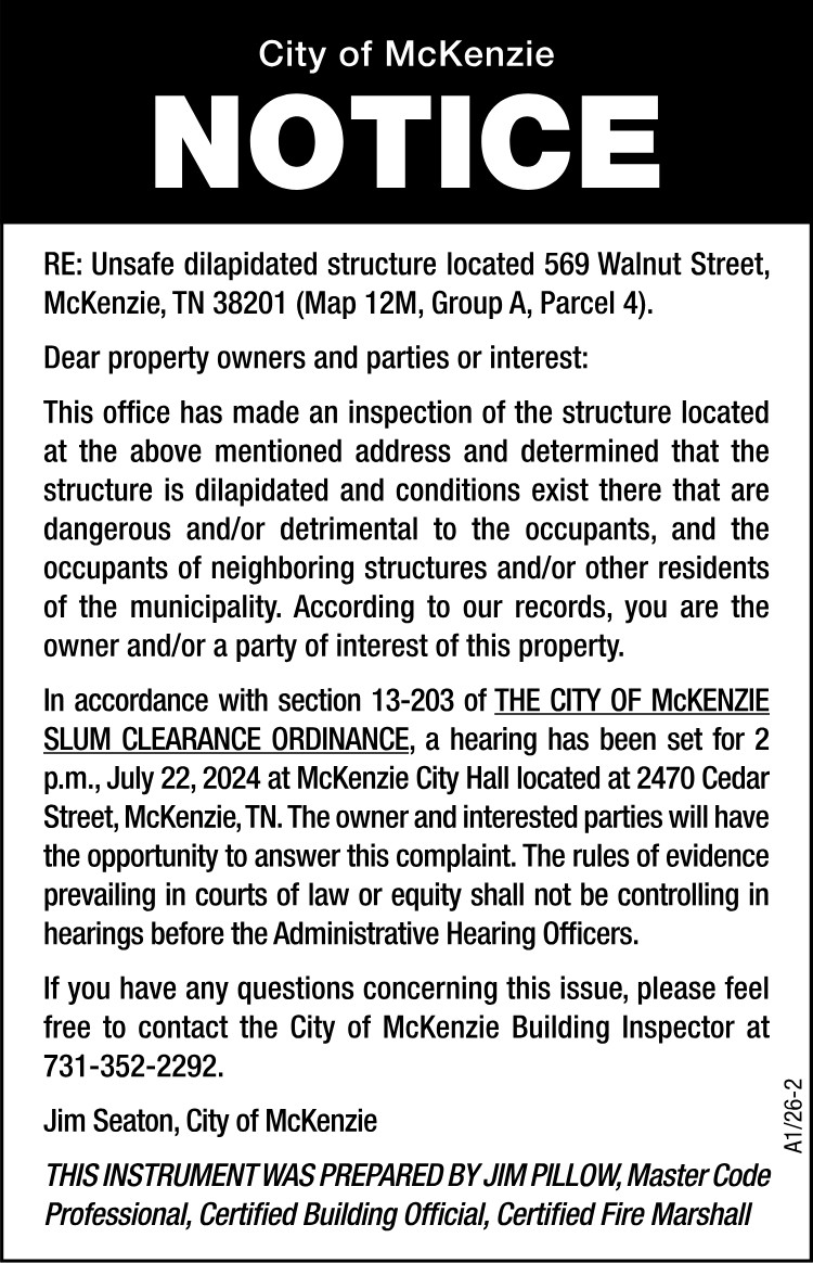 Notice Unsafe Structure - 569 Walnut Street