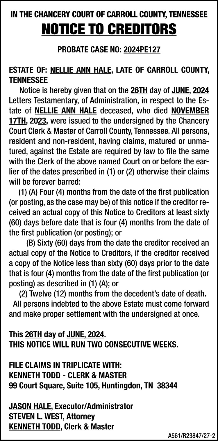 Notice to Creditors -HALE