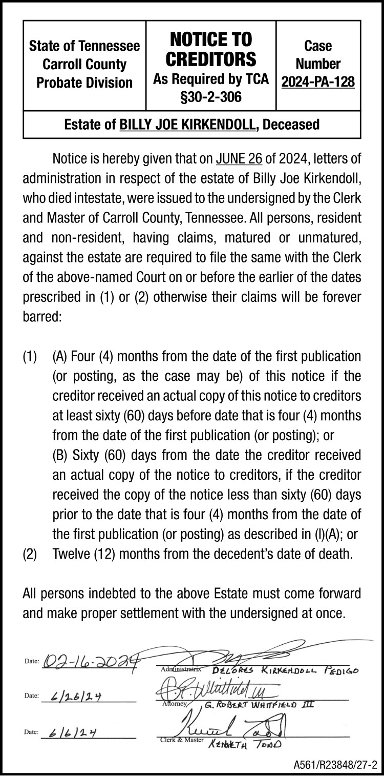 Notice to Creditors - KIRKENDOLL