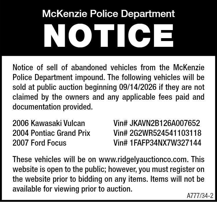 McKenzie Police Department - Sell Vehicles