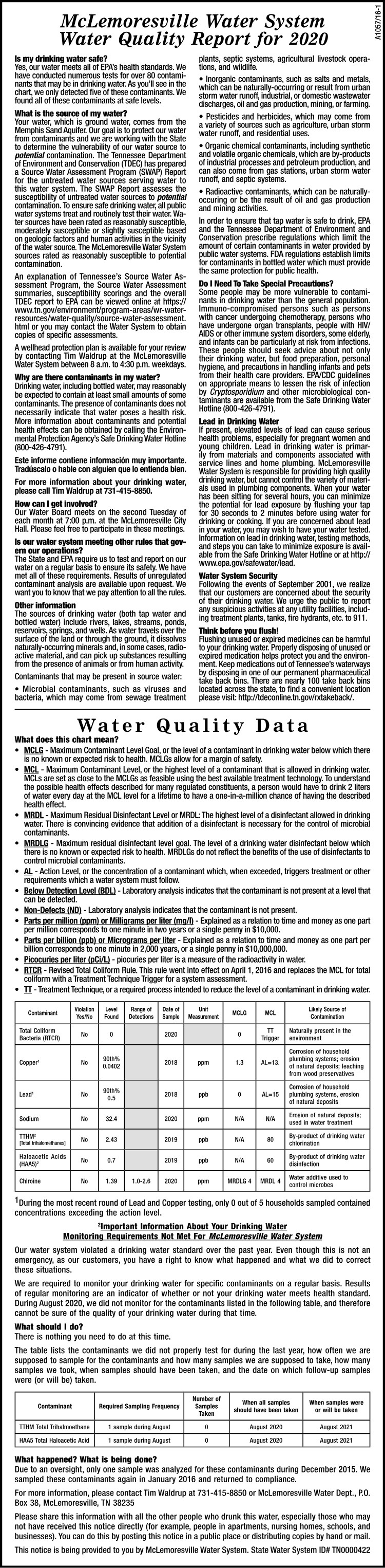 McLemoresville Water Quality Report
