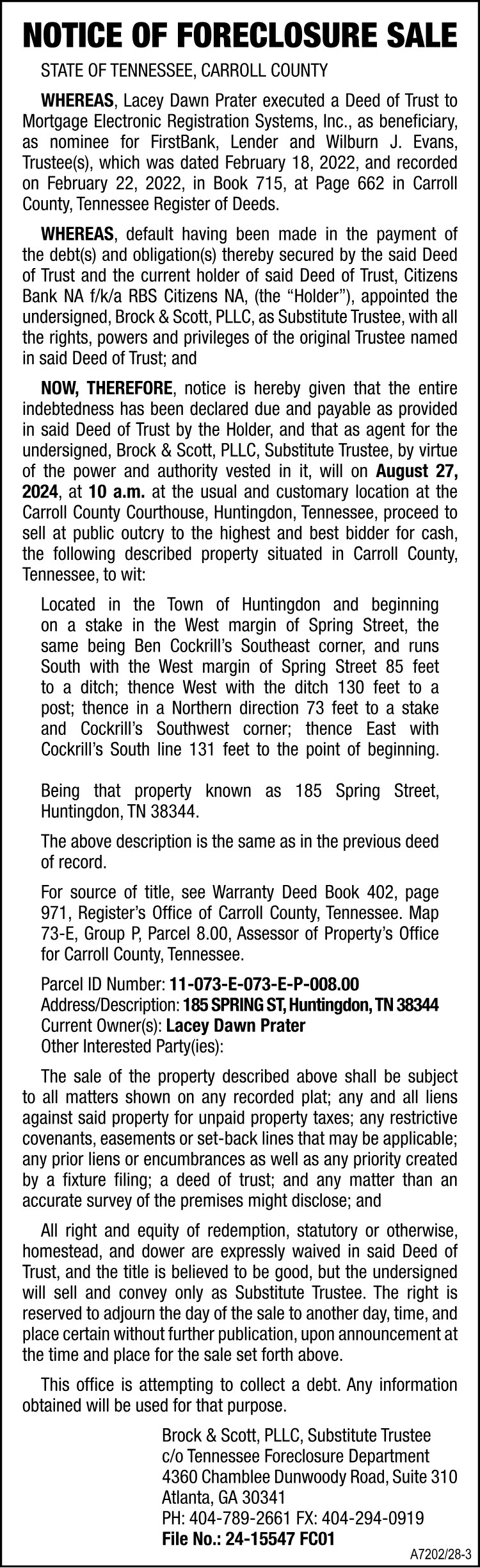 Notice of Foreclosure Sale - PRATER