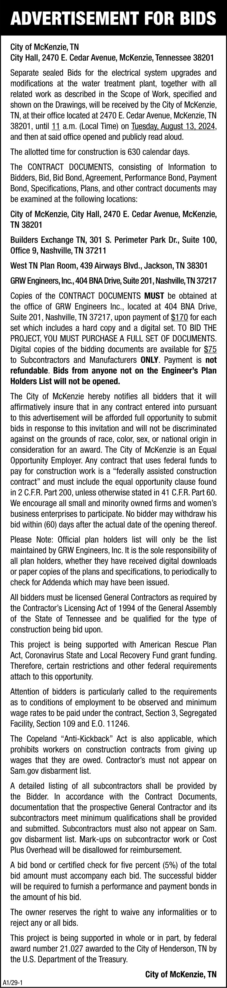 Advertisement for Bids - Electrical System Upgrades