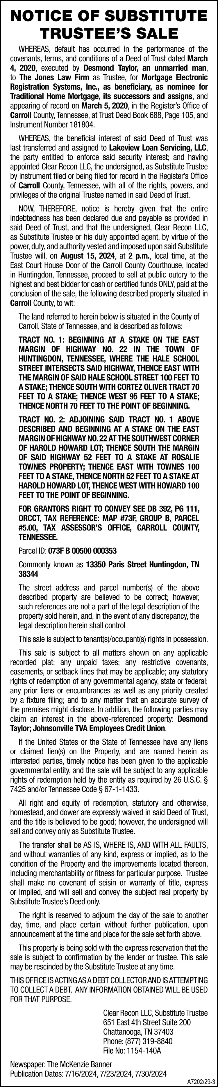 Notice of Substitute Trustee Sale - TAYLOR