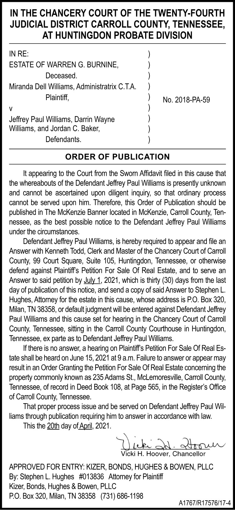 Order of Publication - BURNINE