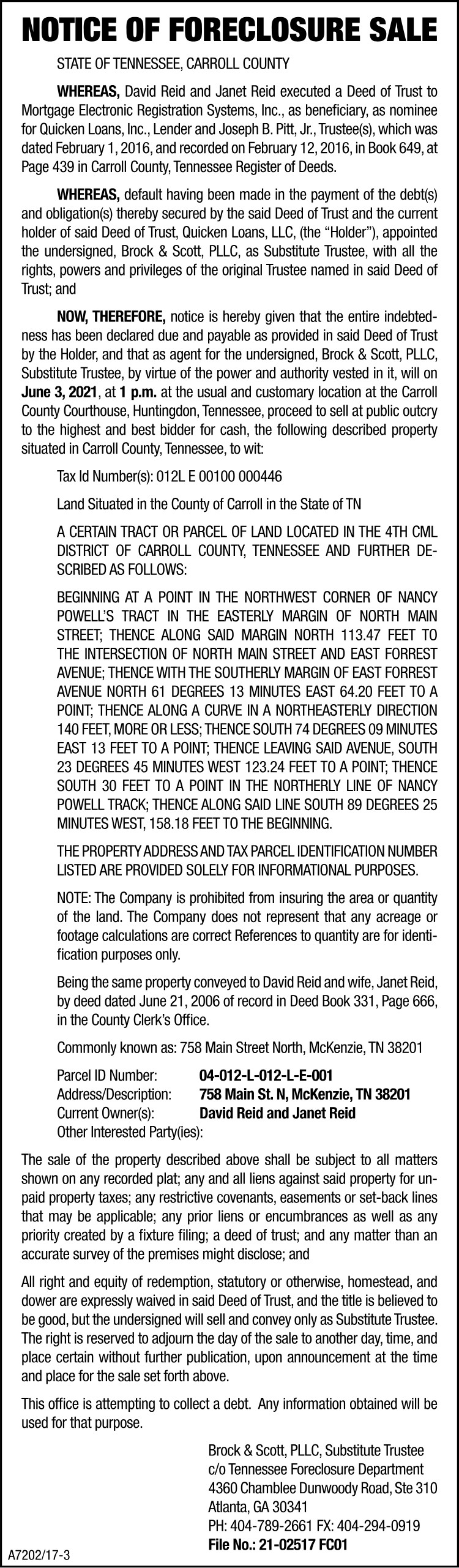 Notice of Foreclosure - REID