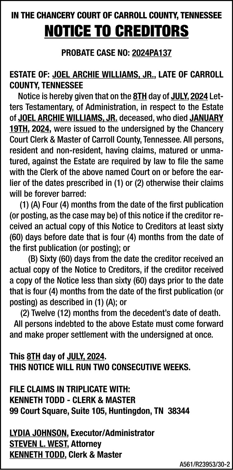 Notice to Creditors - WILLIAMS