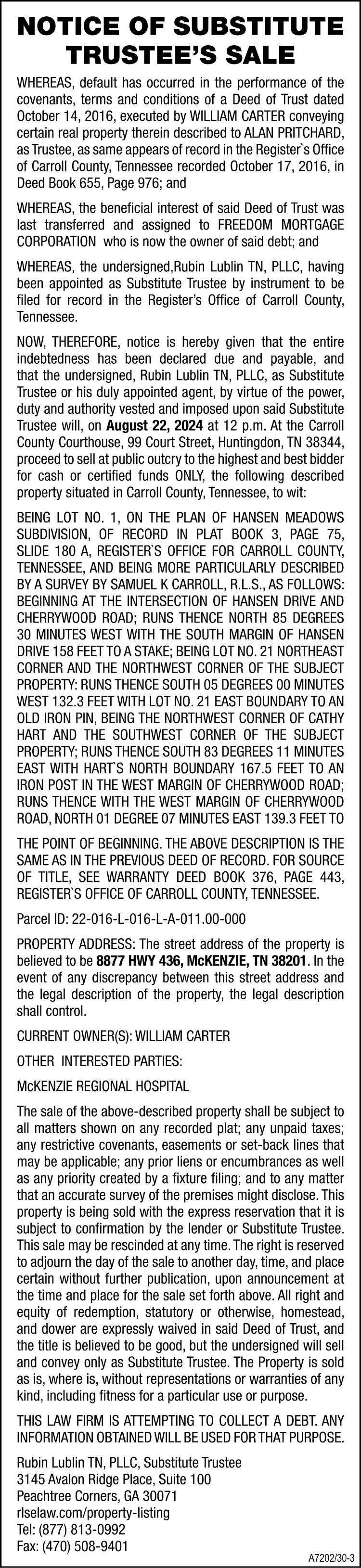 Notice of Substitute Trustee Sale - Carter