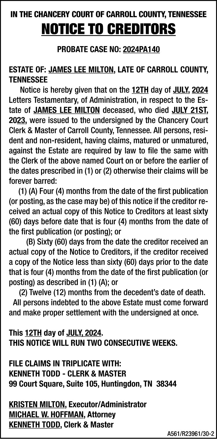 Notice to Creditors - Milton