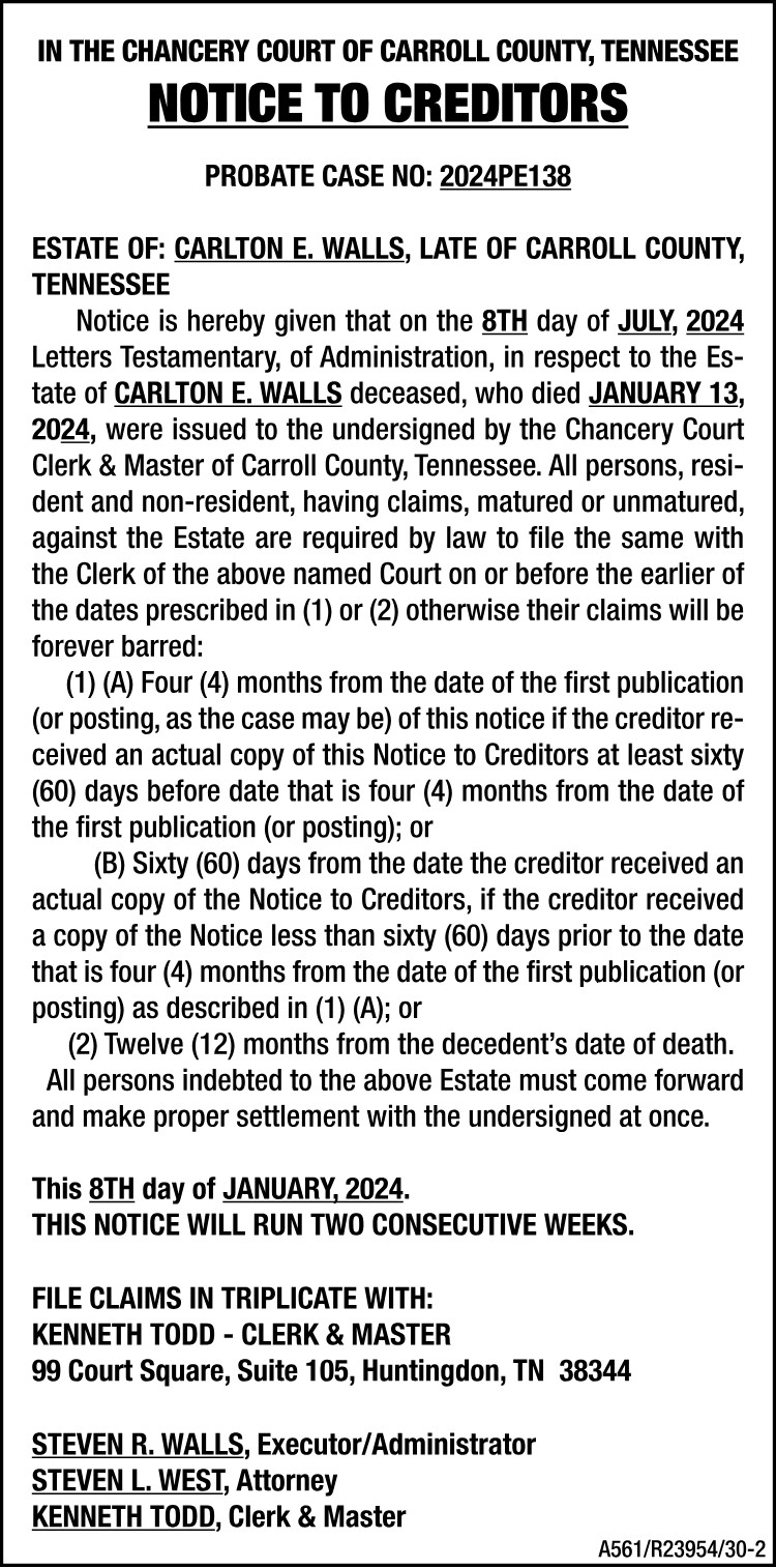 Notice to Creditors - WALLS
