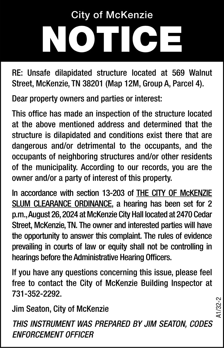 Notice Unsafe Structure - 569 Walnut Street