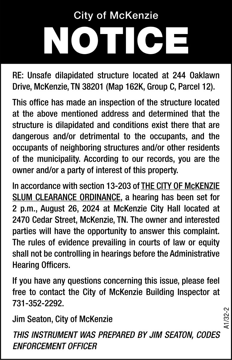 Notice Unsafe Structure - 244 Oaklawn Drive