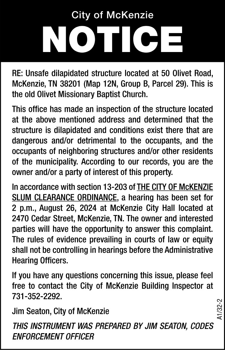 Notice Unsafe Structure - 50 Olivet Road