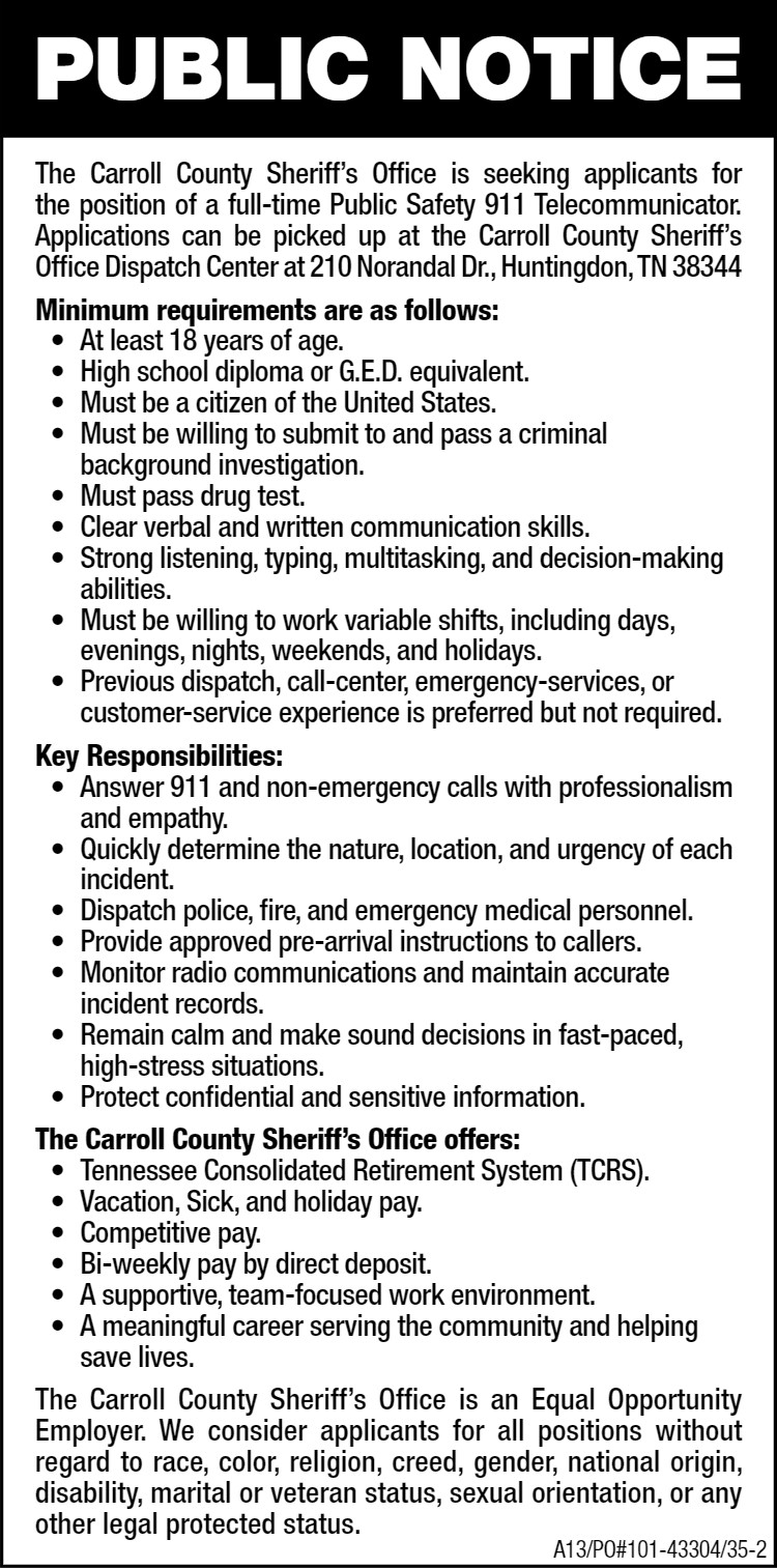 Public Notice - Sheriffs Office Now Hiring