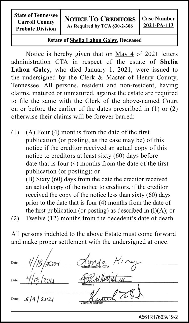 Notice to Creditors - GALEY