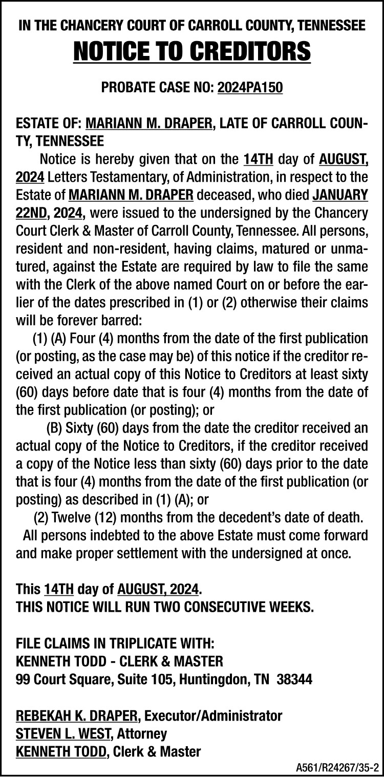 Notice to Creditors - Draper