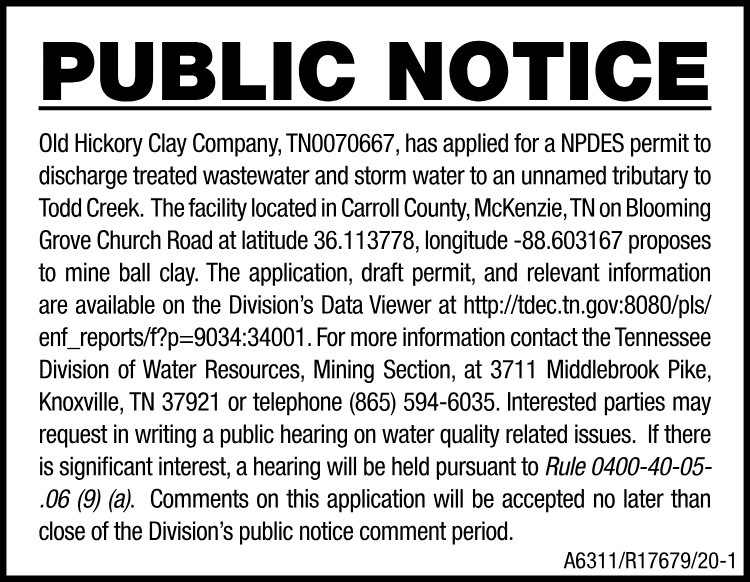 Public Notice - Old Hickory Clay