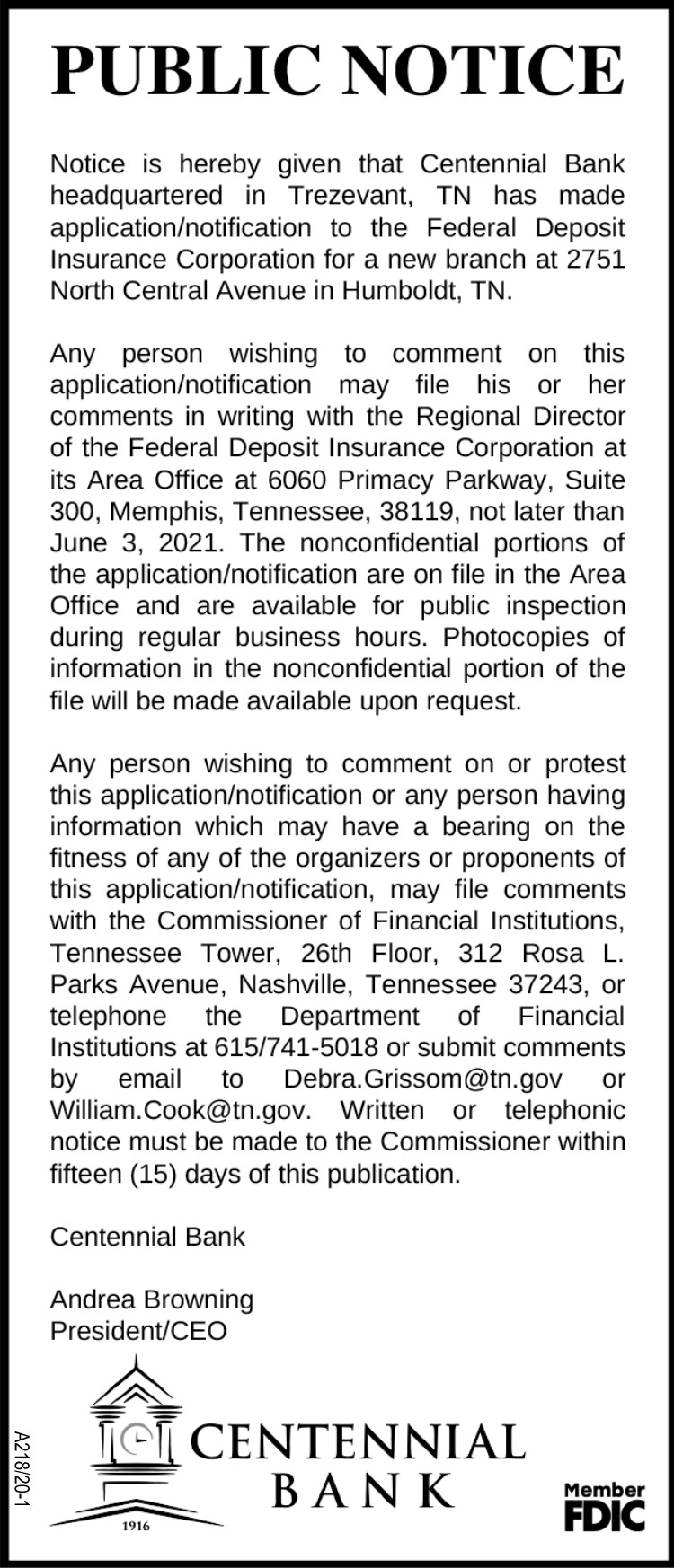 Centennial Bank - Notice Humboldt Branch