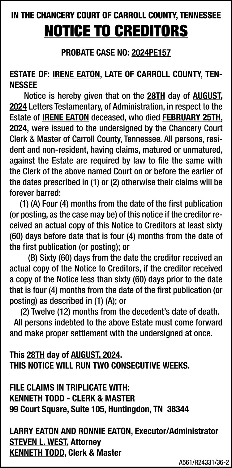 Notice to Creditor - EATON