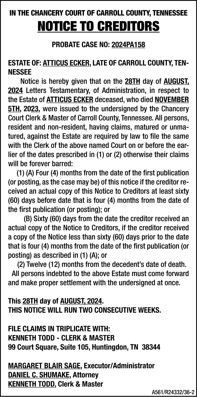 Notice to Creditors - ECKER