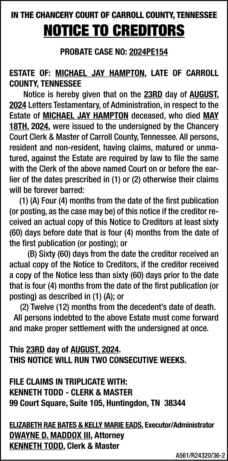 Notice to Creditors - HAMPTON