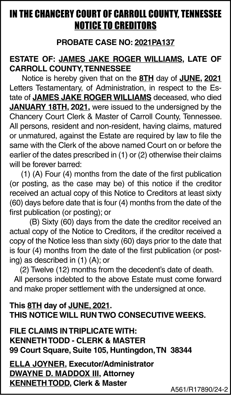 Notice to Creditors - WILLIAMS
