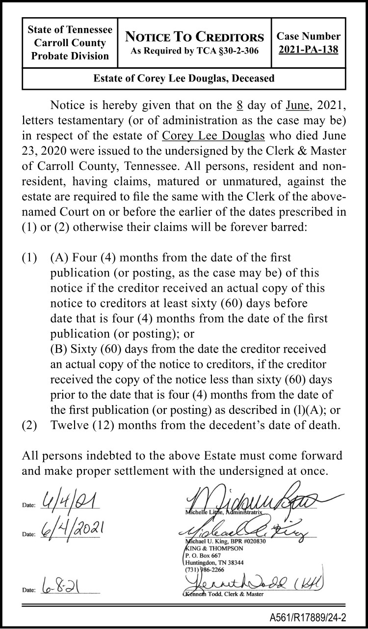 Notice to Creditors - DOUGLAS
