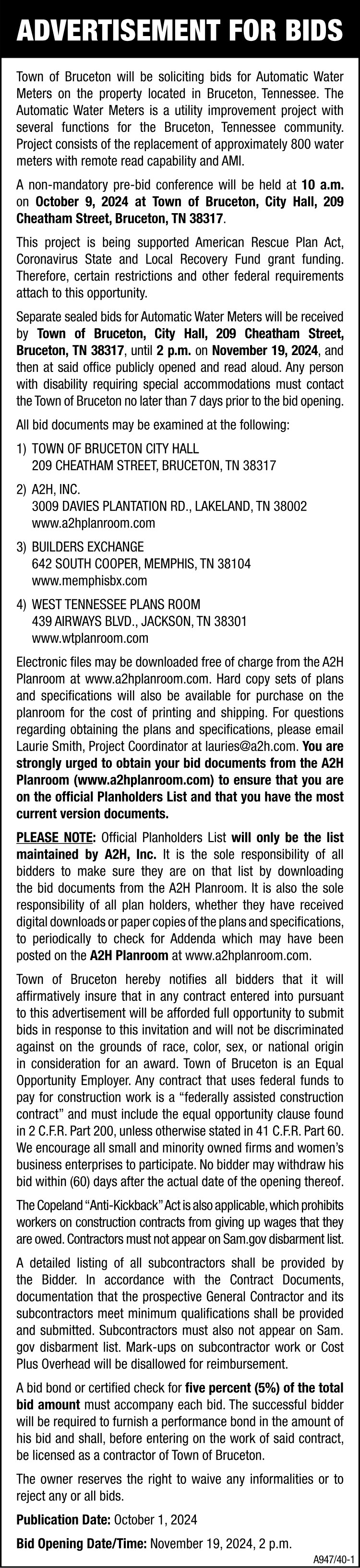 Advertisement for Bids - Bruceton Water Meters