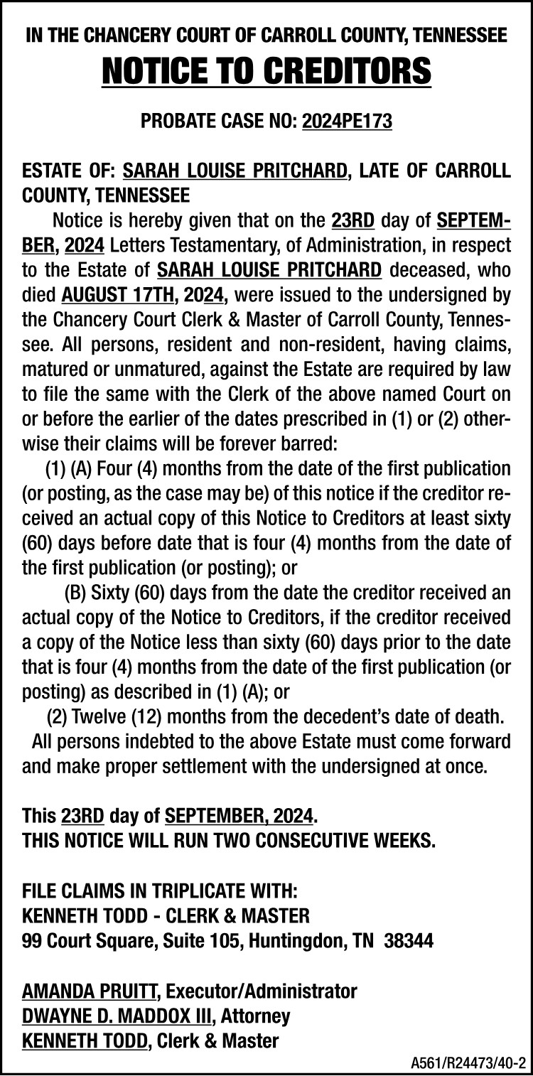 Notice to Creditors - PRITCHARD