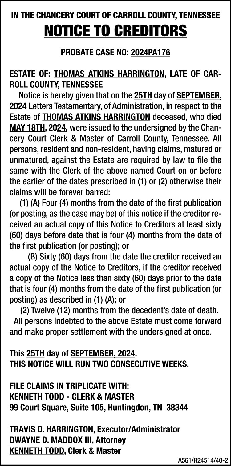Notice to Creditors - Harrington
