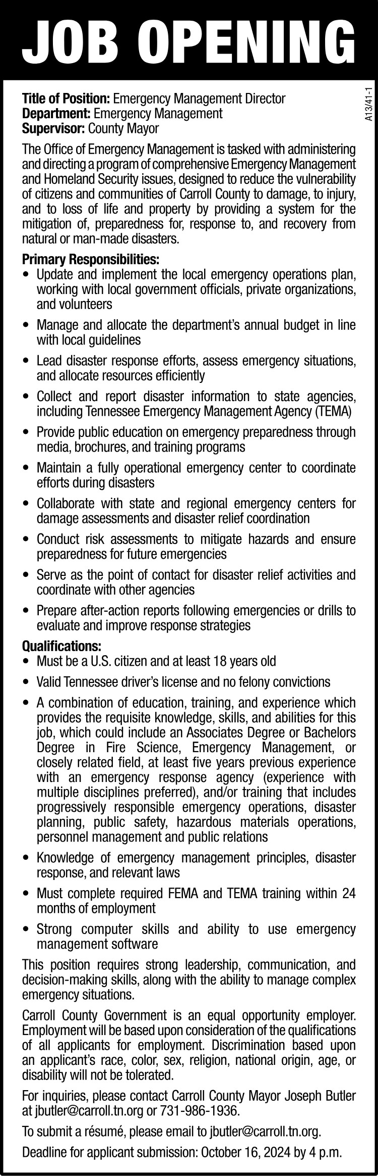 Carroll County Job Opening - Emergency Management Director